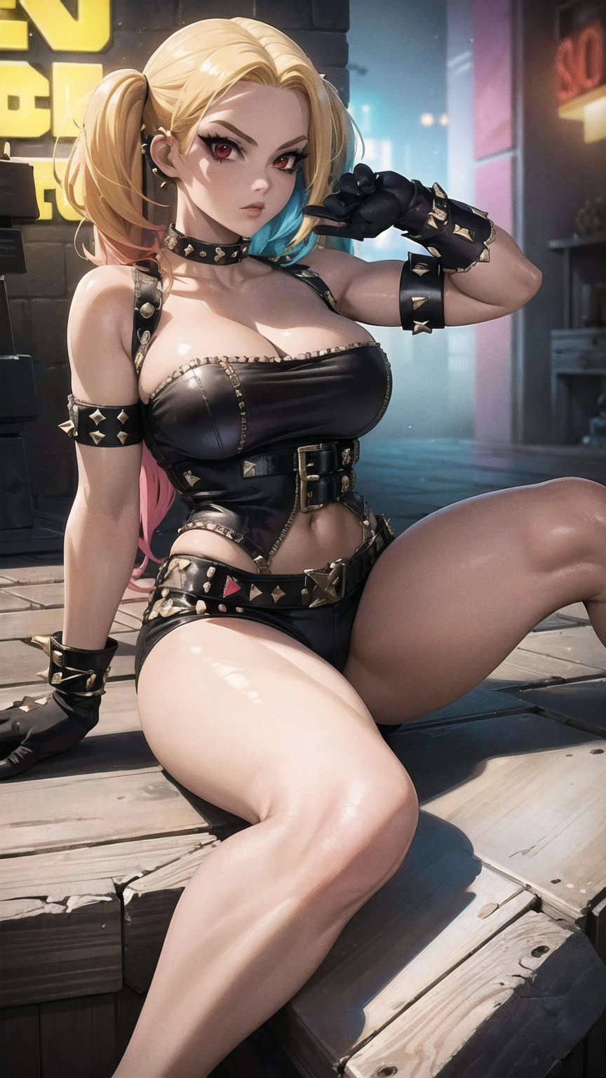 Women, early 20s, short silky pink hair with yellow tips, gold armlet, gold bracelet, golden eyes, seductive look, golden hair pinns, golden key necklace, big breast, Inc black tattoo, golden thighlet, black thigh highs, shiny skin, side boob, underboob, arm tattoo, belly tattoo, qos, queen of spades, spades tattoo, maid outfit.