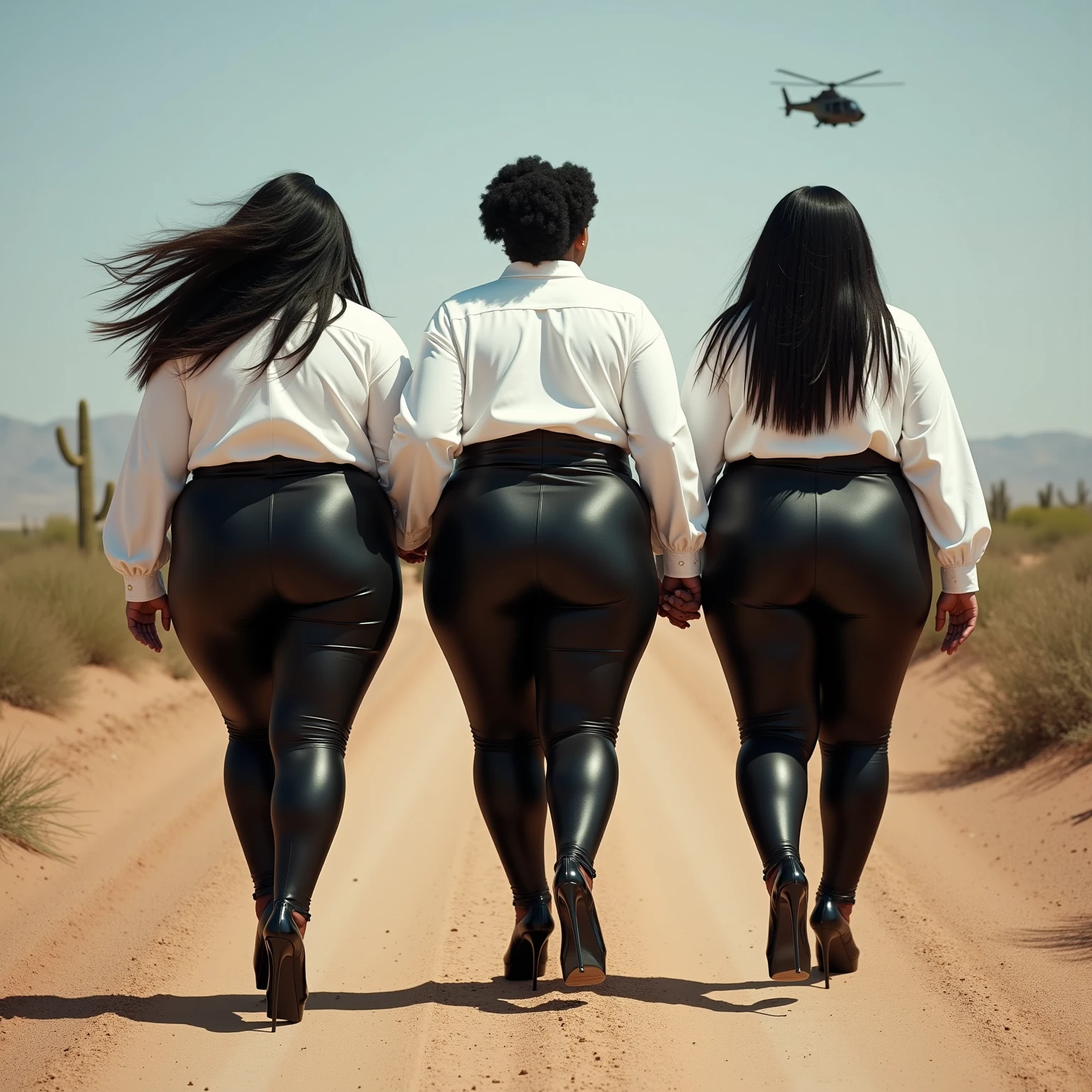 Three plus size model women with a lot of fat on their stomachs and buttocks weigh 150kg, they gained weight by eating too much, they are obese American plus size models with very big buttocks, their buttocks are big and bulging and covered with a lot of fat, they are phantom thieves in black rubber suits descending from a helicopter, 4K quality