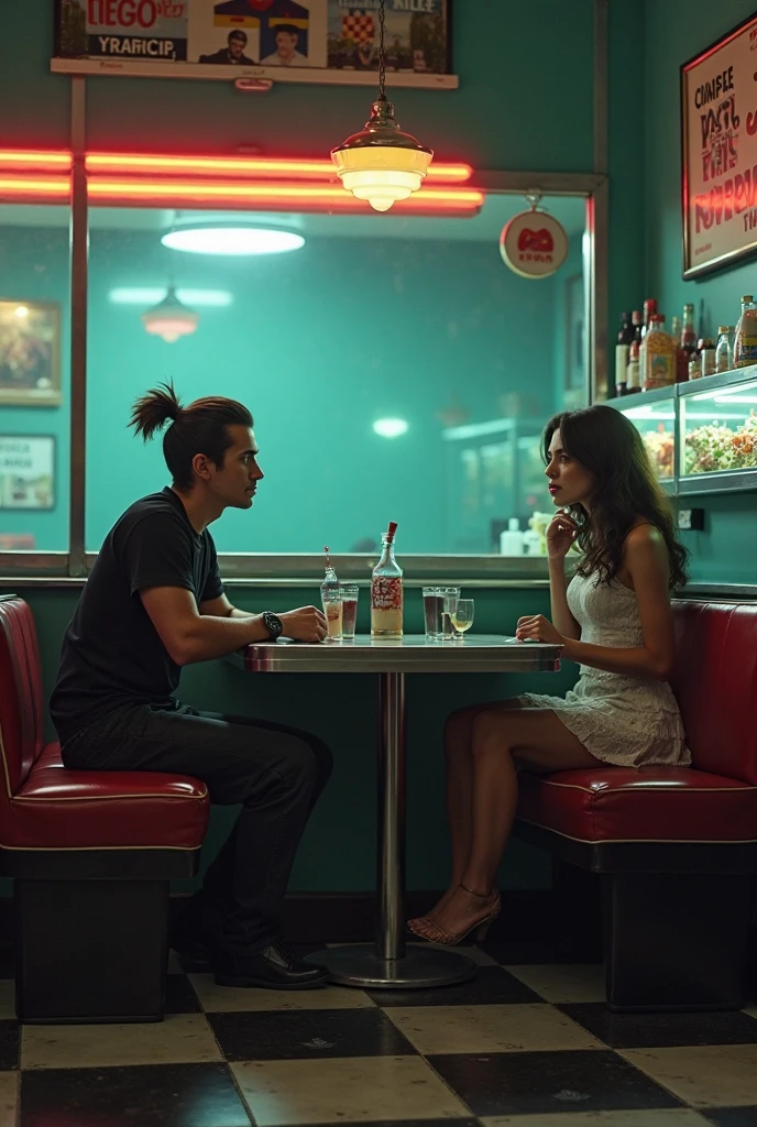Sean Penn sitting in a traditional Mexican restaurant with a 5 woman. He has a jalapeno pepper in his hand and she has roller skates on her feet.. On the table a plate of beans and a motorcycle protective helmet