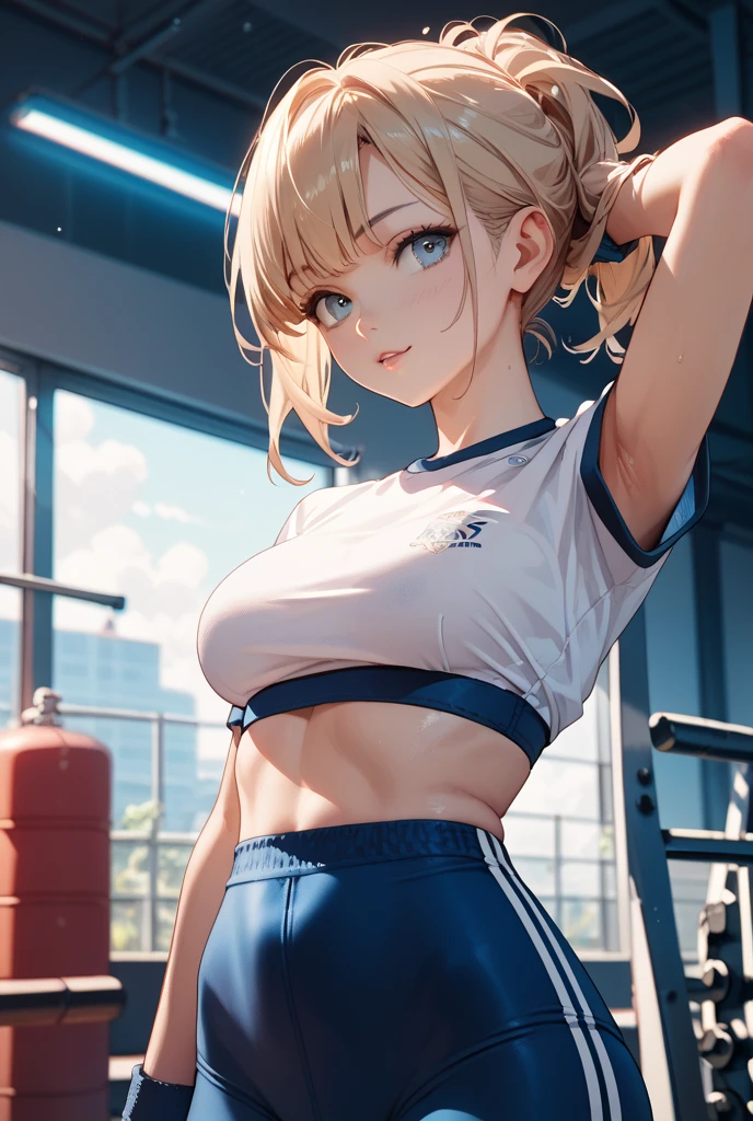 最high quality、best image quality、masterpiece、teenage girl((20-year-old、 By becoming、vest bust、medium bust,wide open breast tea、black eye, blonde hair、long hair、thin,highest valley、blue sports bra(1:2)、Blue sports pants、Punching Pose、sweating、scattering of sweat、Flushed body)),high quality、beautiful art、background((virtual studio、Live feeling))debris flies、Depth of written boundary、movie、visual art、perfect art、8k,genuine、
