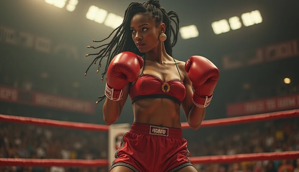 full body, masterpiece, perfect complexion eyes, (((african braids short hairstyles ))), Red Boxing Robe, A stunning asian female Olympic boxer captured at the climax of an intense bout. Her athletic, toned body is a perfect blend of power and grace, muscles rippling with each movement. Her form-fitting sport bra and tight shorts accentuates her fit physique while allowing for swift, powerful motions. She's caught mid-punch, her gloved fist extended in a perfect arc, body coiled with explosive energy. Her other arm is raised in a defensive stance, showcasing her tactical prowess. Her core is visibly engaged, legs planted firmly yet ready to pivot. Her face is a canvas of determination and focus, eyes sharp and intense, Sweat glistens on her skin, emphasizing the physicality of the sport. The background suggests an Olympic boxing ring, with ropes and corner posts visible. Her opponent is slightly blurred, emphasizing the boxer's dominant position. Use dynamic lighting to highlight the definition of her muscles and the impact of the punch. Incorporate motion blur to convey the speed and force of the action. The color palette should be vibrant yet raw, capturing both the grace and brutality of Olympic boxing. ,photorealistic:1.3, best quality, masterpiece
