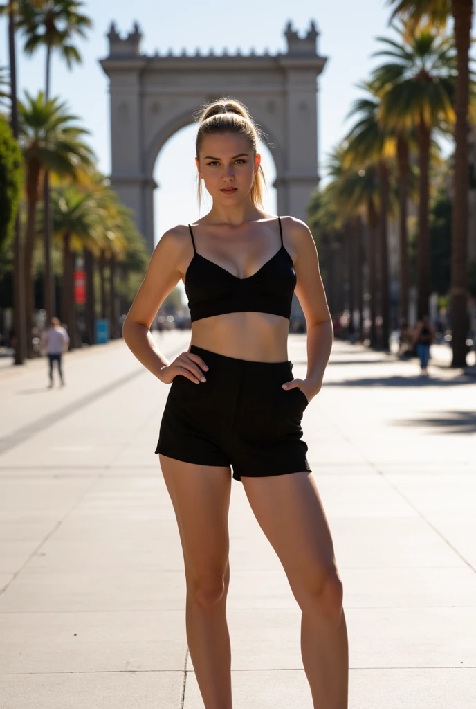 8k, best quality, masterpiece, highly detailed, semi realistic, teen girl, blonde hair, straight hair, red lipstick, in tiny black sheer tight crop top, tight hotpants, visible nipple, visible areola, public park background, surrounded of people