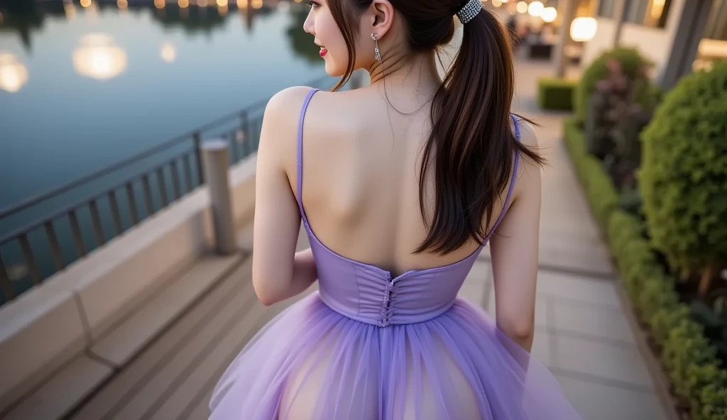 18 years old, very small head)), Daylight, sunlight, (perfect body: 1.1), (short wavy hair: 1.2), dark brown hair, (Pink and blue mesh hair, Fine mesh), (Photo full length front view), (ultra thin and thin silk pink mini dress), (high heels shoes), (sweat), (in the park), (highly detailed 8k CG wallpaper), (extremely delicate and beautiful), (Masterpiece), (Best quality: 1.0), (超 high resolution: 1.0), (realistic), Beautiful lightning bolts, Perfect lightning bolts, Realistic shadows, (High resolution), Detailed skin, Ultra detailed slim body ), (beautiful hair), real hair, detailed hairs, (high ponytail), thin collarbone, beautiful breasts, blush, photorealistic, realistic face, realistic eyes, small eyes, cute smile, (((colored))), ( eyeliner), (mascara), (eyeshadow), (NSFW), Return, (Back photo), (Focus on butt). Full length rear shot standing in high heels) Back, (Back photo), (Focus on butt). rear shot