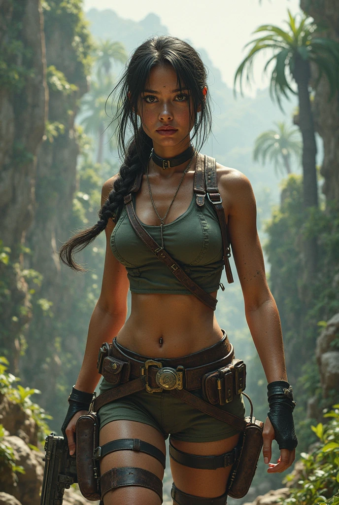 Create an action-packed, cinematic scene featuring a female adventurer resembling Lara Croft, dressed in her iconic outfit with dual pistols and a confident, determined expression. She should be standing in a dynamic pose, possibly in a jungle or ancient ruins setting, ready for her next adventure. The background should have rich, vibrant colors, with elements like vines, ancient statues, or a mysterious temple in the distance. Include the text 'Laure-Alice est Lara Croft' in a bold, clear, adventurous font that fits the theme, making sure the text is prominently displayed and easy to read. Position the text to blend well with the overall aesthetic of the image while ensuring it stands out. The lighting should be dramatic, with highlights that emphasize the character's strength and bravery.