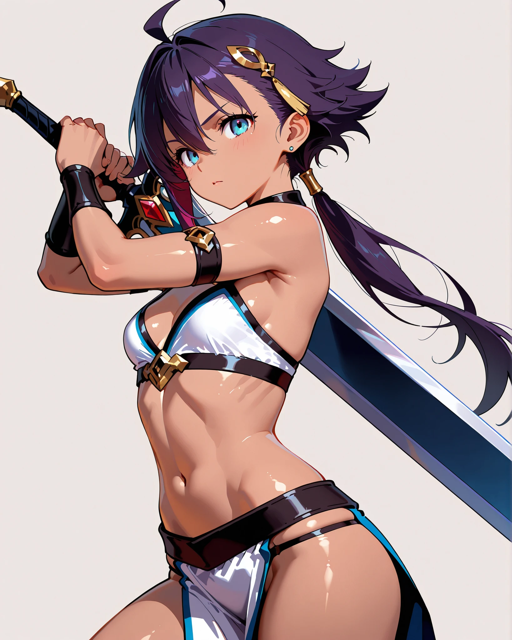 1girl, medium breasts, leotard, blue leotard with purple accents, sleeveless, midriff, bare legs, boots, matching boots, bracelets, mars backdrop, solo, single, standing, full body shot, cowboy shot, beautiful detailed eyes, black hair, medium hair, superhero, barbarian, using broad sword in hand