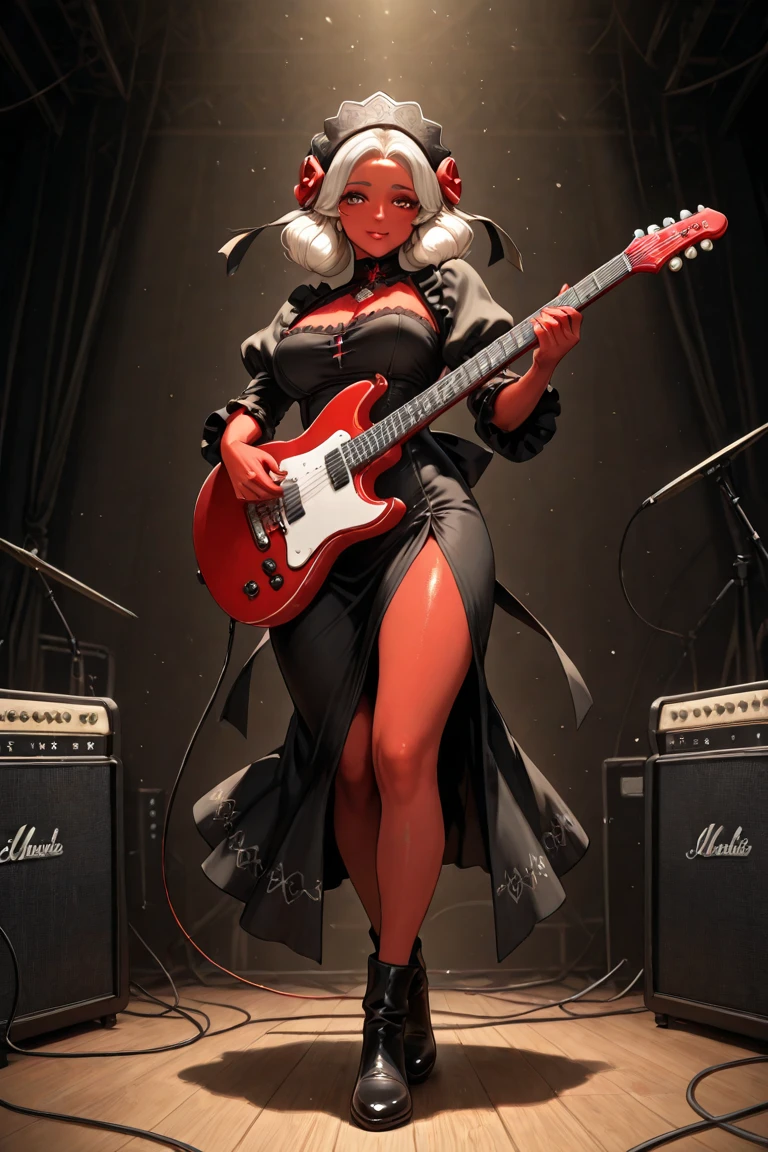 score_9, score_8_up, score_7_up, <lora:z3r0dr4:1> z3r0dr4, 1girl,black dress,red eletric guitar, standing, night, lights, stage, idol, singing