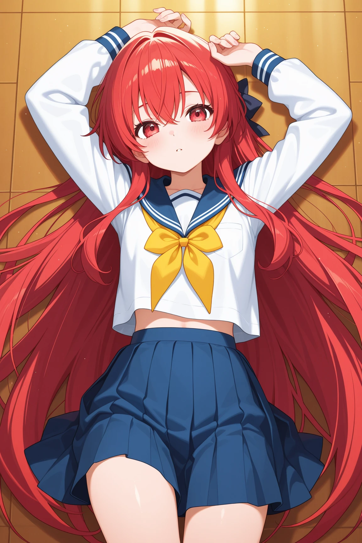 masterpiece、High resolution、4k、1 beautiful girl、demon high school girl、real、whole body、high school girl uniform、Demon horn、long hair、red hair、micro mini skirt、golden eyes、Big eyes、cute eyes、building street、watercolor style、