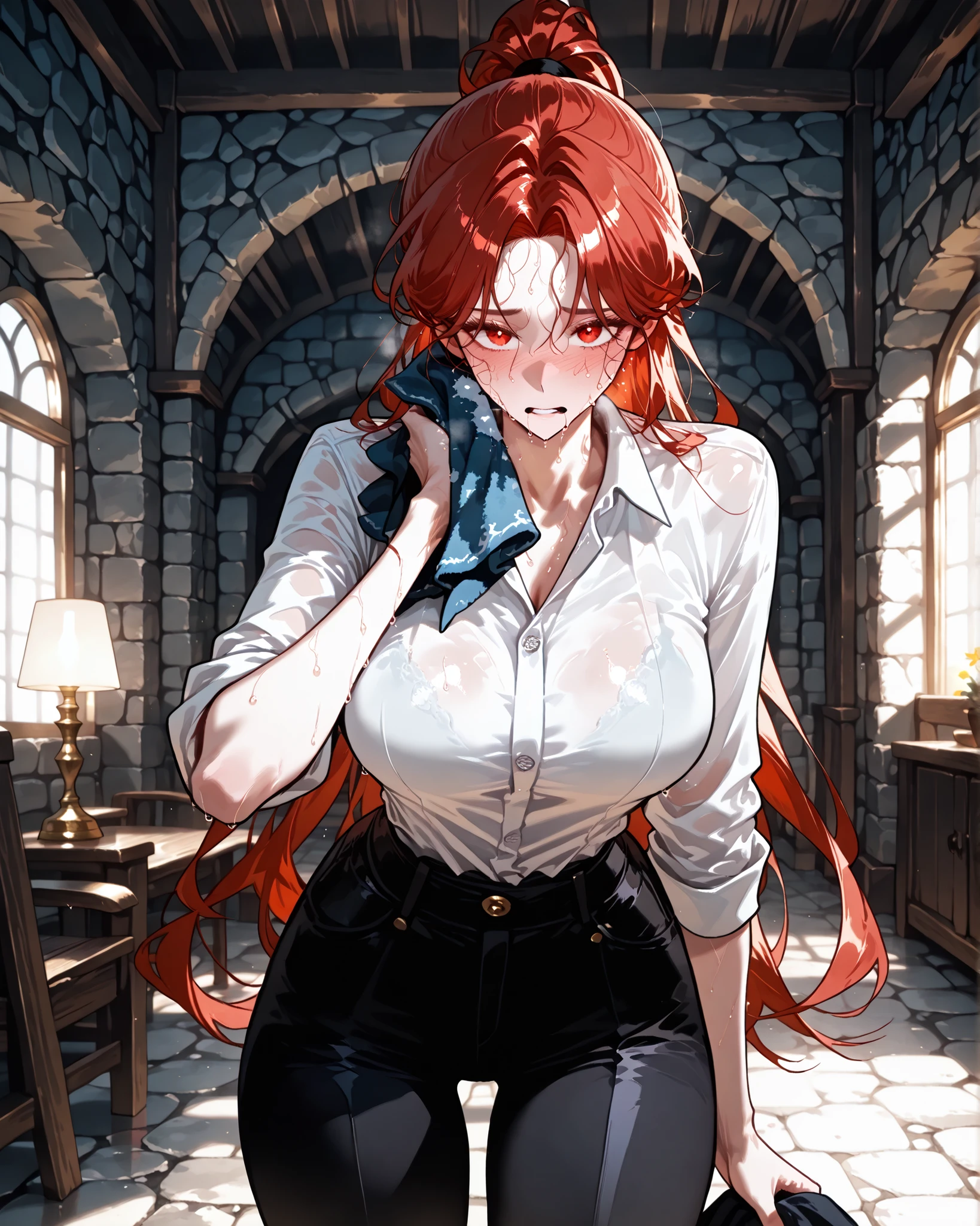 (SuperQuality:1.0) ~ (SuperQuality:1.2), detailxl, 1girl, High Resolution, Best Quality, High Details, Super Detailed, detailed background, indoors, medieval cavern, eolka, red hair, long hair, red eyes, parted bangs, ponytail, manhwa, webtoon, medium breasts, white shirt, pants, exhausted sweat, panting, wiping sweat on her forehead with the back of her hand, looking at viewer,