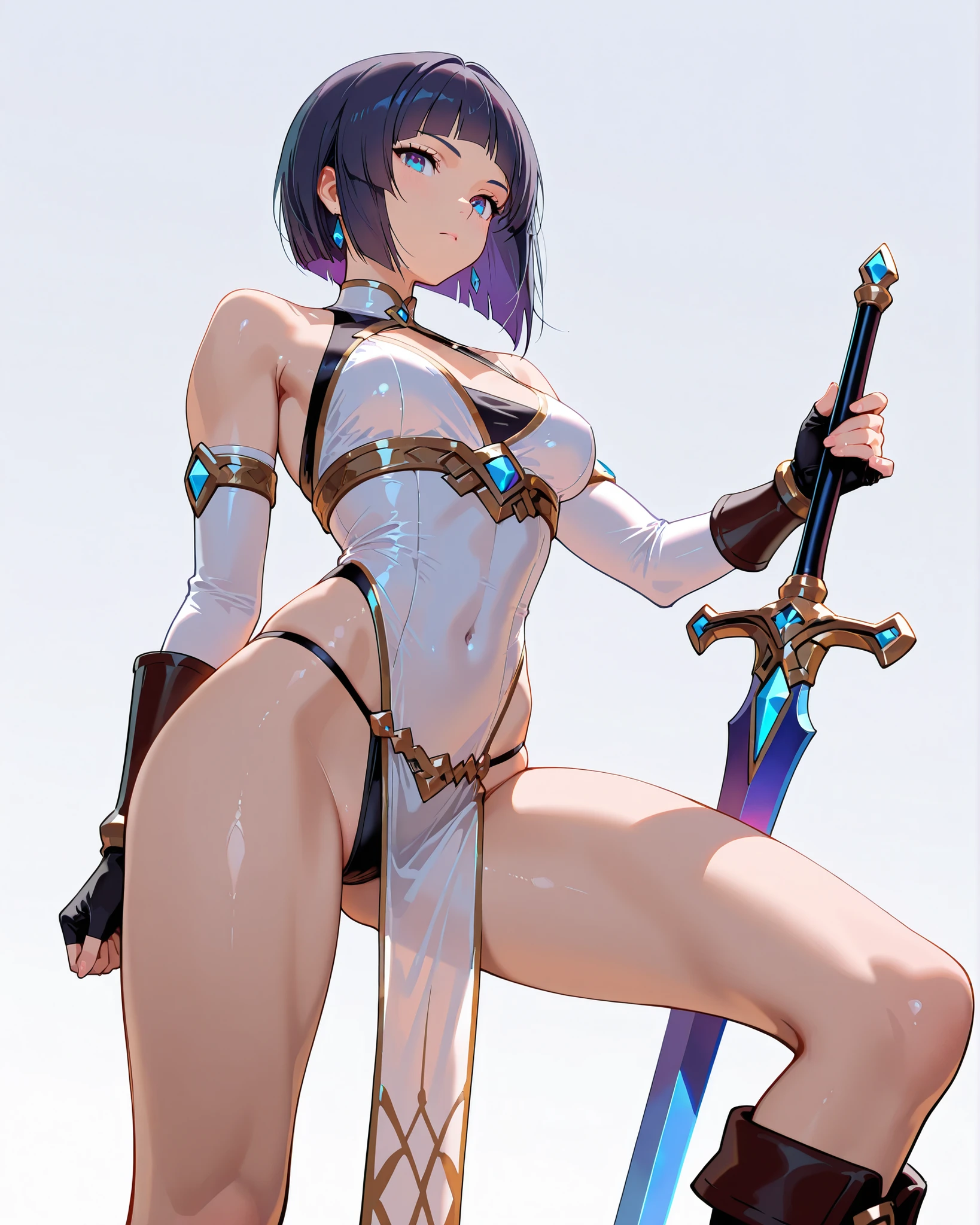 young woman with purple short hair, dark gray skin, flat chest,cleavage,Extremely slim body,High-fork swimsuit,bare arm gauntlets,leggings,dagger,metallic line,Standing,valley cliff