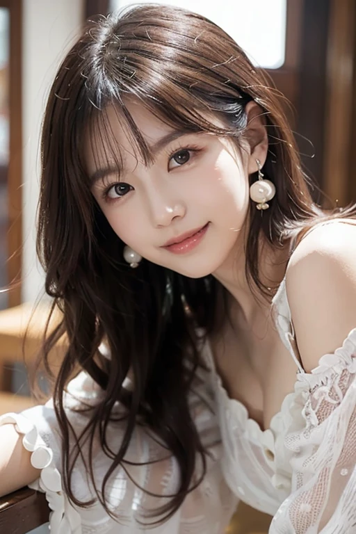 ((Dark interior with conspicuous neon lights、No window、Alcohol is displayed、dark room:1))(Photoreal)、(Super high realism)、(ultra high resolution)、(Ultra high definition)(((bright smile))) (14 year old girl、super cute face, natural makeup)(fair skin、beautiful skin、Extremely realistic texture)(sparkling eyes、realistic eyes)(brown hair、thin hair、moist and tidy hair、shiny beautiful hair、Long straight hair up to the waist、hair behind ears、extremely detailed hair)((Long piercings))beautiful breasts、beautiful cleavage、thin waist、constriction、big ass(turtleneck knit dress、Holes in the chest、micro mini、I can see my thighs)((Neon tubes on the background))(A bold inviting pose))((((Full body shot from above))))((((ベットにsleep、sleep:1、put your head on the pillow))))raise both arms