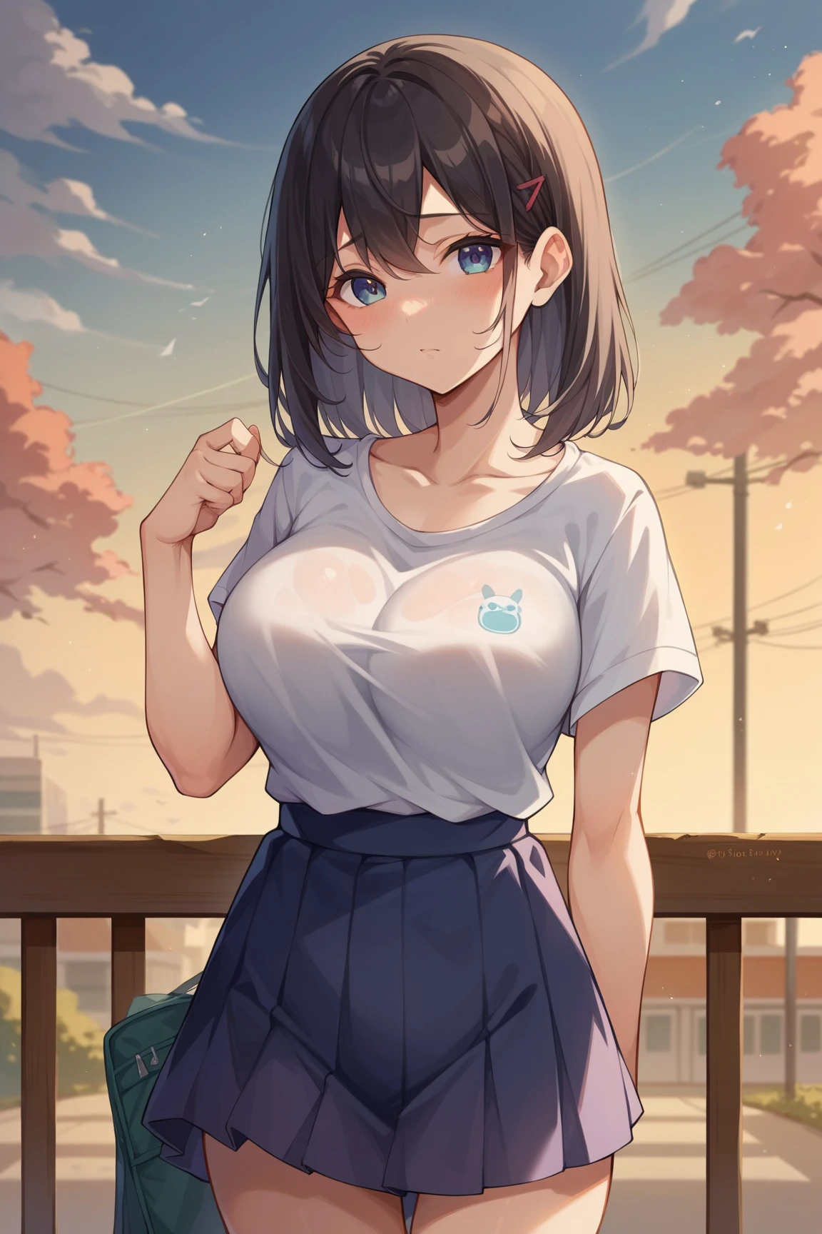 masterpiece,best quality, ultra high res,(beautiful woman:1.2),(beautiful Busty breasts:1),(enjoy:1.6), (dark hair:1), short low ponytail, a sexy mole around the mouth, sweat (burst into laughter:1.4), (squinting:1.4),(simple plain uniform:1.1),(gym uniform:1), school gym clothes,(plain:1.3),(wearing round neck white t-shirt:1.2), navy blue short Sweatpants , upper body shot