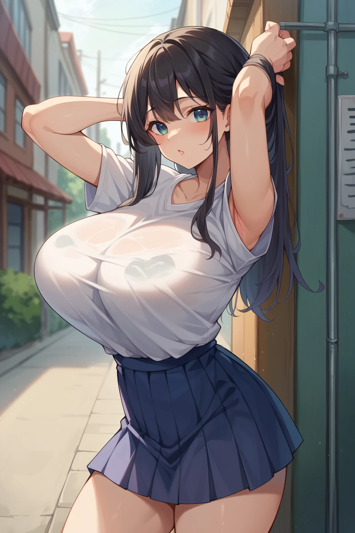 (masterpiece:1.2, top-quality), (realistic, photorealistic:1.4), beautiful illustration, (Sharp focus), (natural side lighting, movie lighting), nsfw, (arms behind back:1.5),
looking at viewer, cowboy shot, front view:0.6, 1 girl, japanese, high school girl, perfect face, cute and symmetrical face, shiny skin,
(long hair:1.8, straight hair:1.7, hair intakes, black hair), blunt bangs, gold eyes, long eye lasher, (colossal breasts:1.5), (Sheer nipple), (thick thighs),
beautiful hair, beautiful face, beautiful detailed eyes, beautiful clavicle, beautiful body, beautiful chest, beautiful thigh, (arms behind back),
((brown camisole dresses, street style, long sleeve polo shirt in white)),
(beautiful scenery), evening, riverside, standing, (half-closed eye,lovely smile, upper eyes),