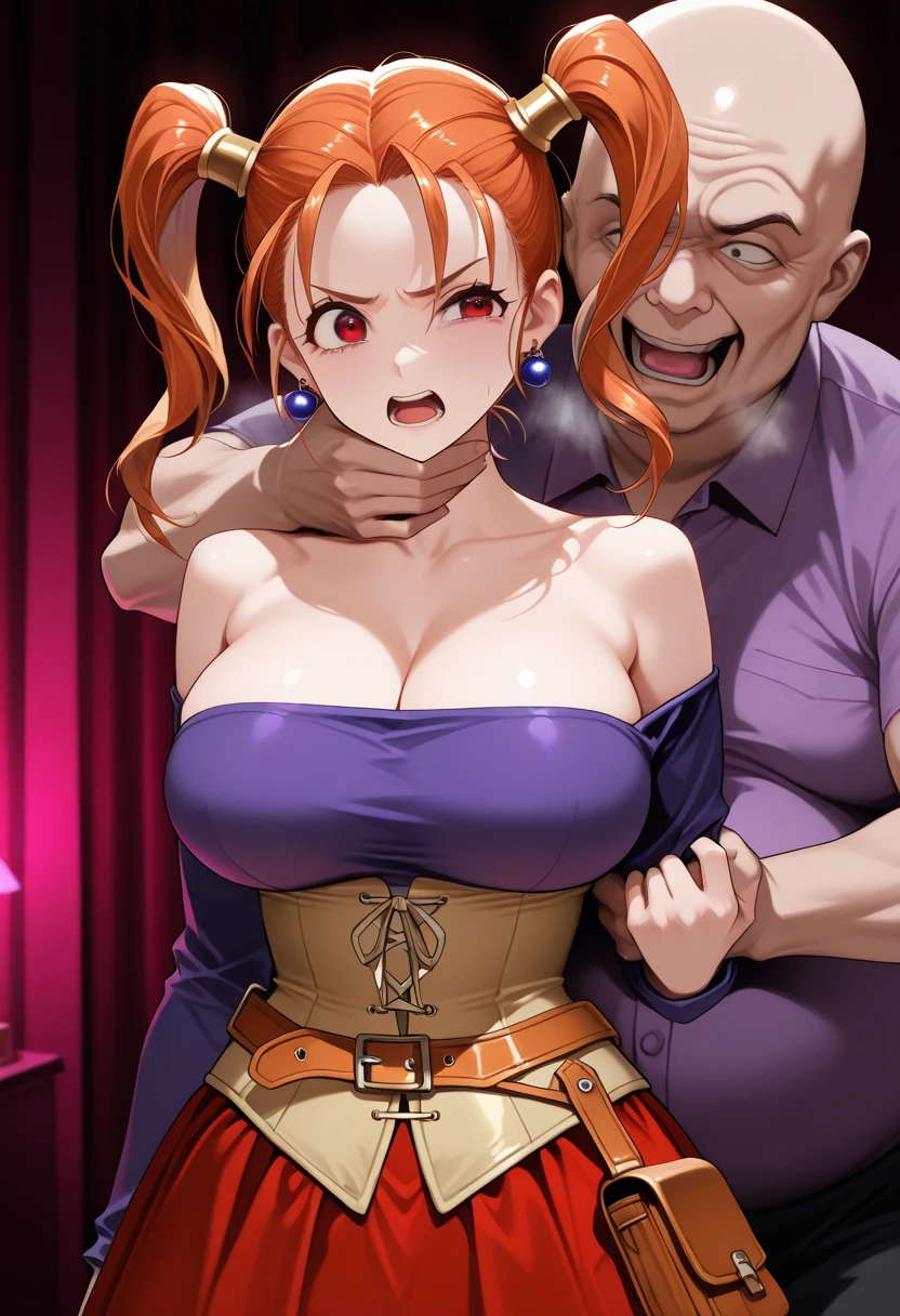 ((8k wallpaper of extremely detailed CG unit, ​masterpiece, 超A high resolution:1.2, top-quality:1.2, masterpiece, textures and maximum detail, Top quality real texture skins)), ((solo, 1girl, TakashiroHiroko, Red Hair, Nude, beautiful breast, Long Hair, Mature Woman, (Purple Eyes), Perfect Eyes, Perfect Face, Earrings, (Purple intricate bra and panties, Black Thighs, Purple Garter Belt: 1.1)), Vulgarityblush, nose, watch viewer, sexy pose, Embarrassed, Blushing, kneeling, sitting on her knees, spread thighs, hands tied behind back, sexy pose, kneeling, eye contact with a man above her, (looking up at a man:1.6), intense eye contact, nsfw, nipples, areola, (looking up at viewer), (view from the top), (armpits, hands behind her head)