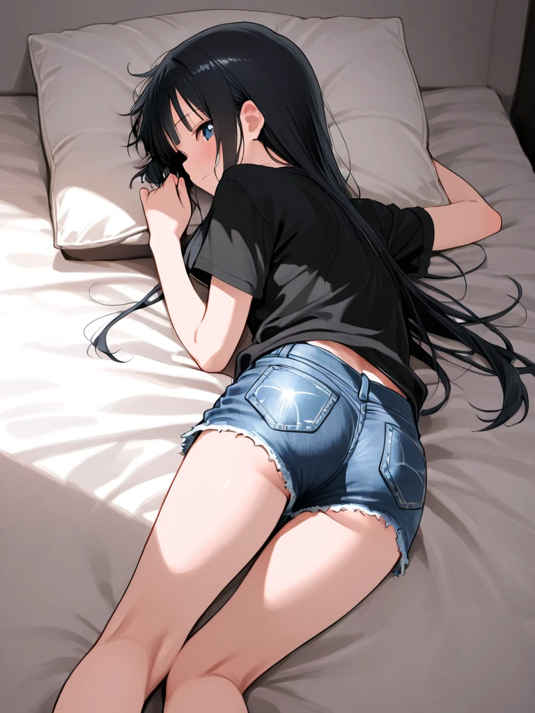 Rin Shibuya, lying on a bed, sleeping face, sound asleep, long black hair, casual attire, blue jersey, long pants, (best quality, 4k, 8k, highres, masterpiece:1.2), professional, ultra-detailed, realistic, at home, detailed bedroom, (vivid colors, color grading:1.1), (warm lighting, soft lighting:0.9), depth of field.
