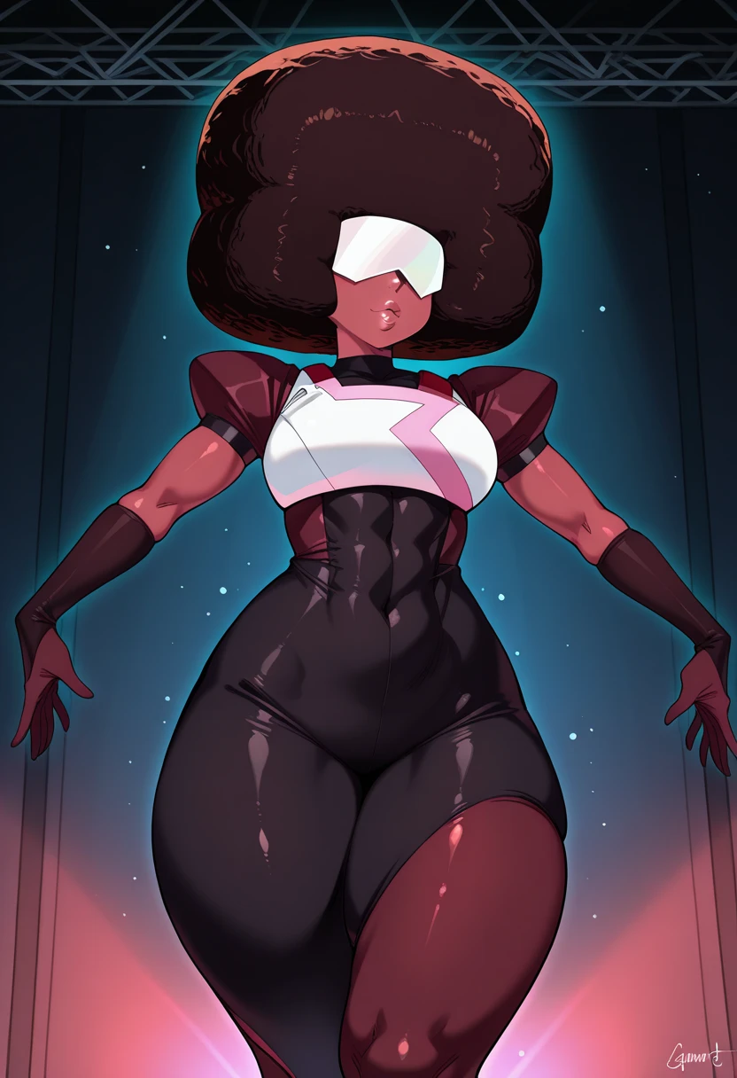 grain, huge tits, huge butt, huge thighs, black skin, Curly hair, pink and black latex suit, futuristic challenge glasses