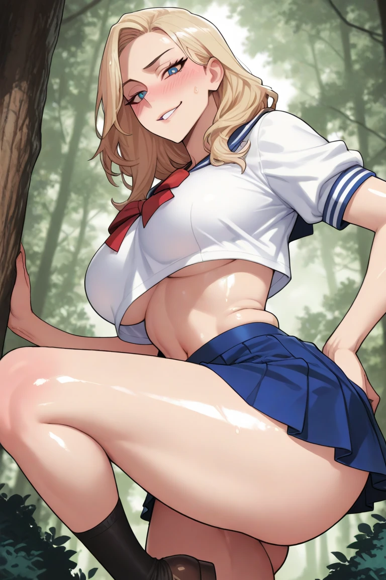 (((Perfect Anatomy, Very detailed肌))), 1 Girl, Japanese, high school girl, Shiny skin, Large Breasts:0.5, avert your eyes, look up, Take in the view,
Beautiful Hair, Beautiful Face, Beautiful attention to detail, (Long Hair:1.7, Side Ponytail:1.5), Blonde, blue eyes,
Beautiful clavicle, Beautiful body, Beautiful breasts, Beautiful thighs, Beautiful feet, Baby Face, Mole under the eye,
((Short sleeve, navy sailor suit, Navy Pleated Skirt, Navy sailor collar, Red Sailor Scarf, School boots), Cross Necklace), Captivating thighs, ,
((Ahegao, Embarrassing, Drooling, Open your mouth)), walking, squat, Spread your legs, Leaning forward, ((Adult toys in panties)),
((Hentai Rope Bondage, (hemp rope), shibari:1.5, (Tying over clothes), Use a rope to lift your back and hips up to a tree..8)),
(Chest Bondage, (Put your arms behind your back:1.5), Arm binding,
8K, Highest quality, Masterpiece:1.2, Very detailed), (Realistic), Beautiful illustrations, Cinema Lighting, ((((nsfw:1.5))))