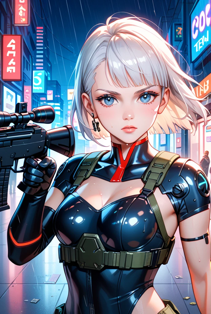 best quality,masterpiece,ultra detailed,Add layer,detailed eyes,slim,skinny,slim legs,(small hips),
15 years old,(huge breasts:1.3),
(hair over eyes),((chignon)),short hair,dark gray hair,wavy hair,silky hair,
green eyes,((droopy eyes)),
cherry pink lip,
BREAK,
Girl shooting automatic rifle, (looks into sight), finely drawn automatic rifle, bulletproof suit, (turn towards the viewer), syncs body orientation and gaze, dynamic angle, serious expression, battle, war,calm and serious expression,