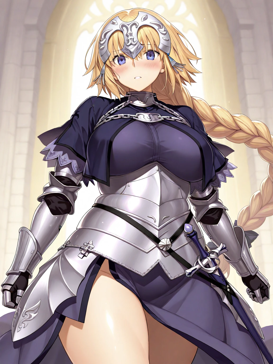 masterpiece, highest quality,BREAK NSFW,1 girl,,,huge breasts,conical chest,underboob,pointed chest,nipples facing upwards,cleavage,thin waist,blush,embarrassing,surprised,Wet,See through,clothing lift,See through、tongue licking,kneel down,open your mouth,deep throat,From above,nude,Torn clothes BREAK(1girl, jeanne d'arc (fate), long hair, solo, blonde hair, jeanne d'arc (ruler) (fate), armor, thighhighs, blue eyes, gauntlets, braid, weapon, armored dress, headpiece, single braid, sword)BREAK,takeuchi takashi,