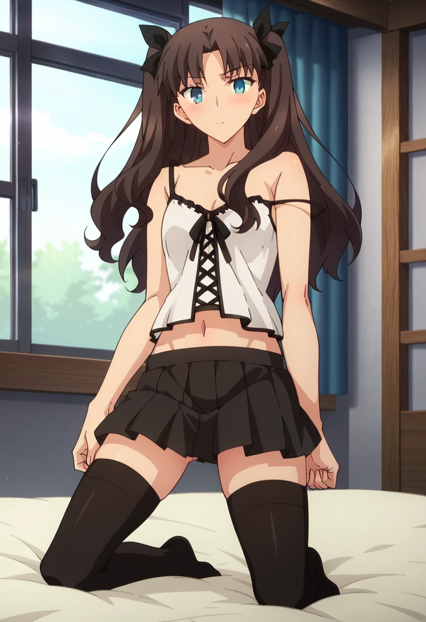 1 girl, (dirty brown skin:1.4), long hair, black eyes colour, Goth collar, goth outfit, shy, cute, (skirt lifting revealing panties:1.3)