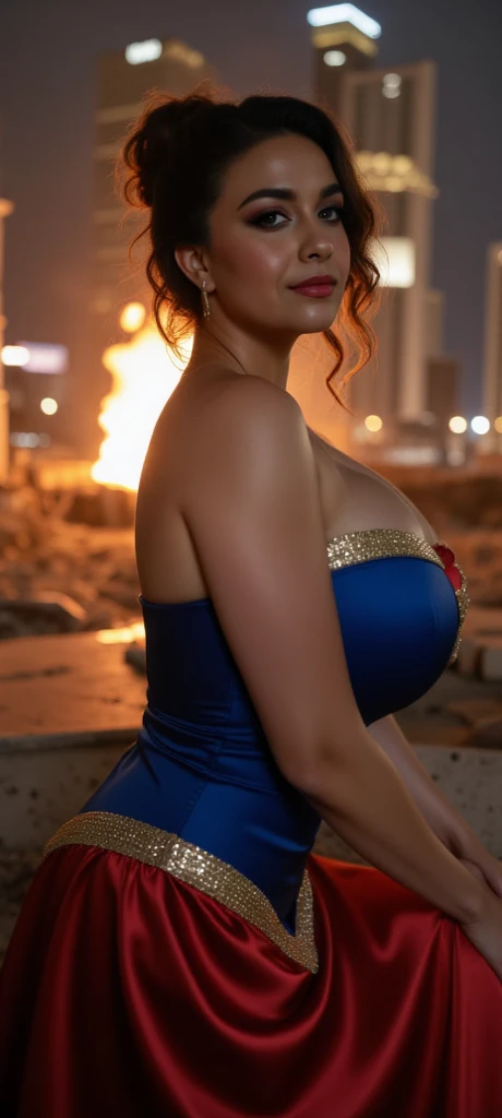 A modern-day warrior woman draped in her country's flag, standing atop a hill with a cityscape below, the scene rendered in dramatic lighting that emphasizes her strength and the dynamic composition of the patriotic theme.