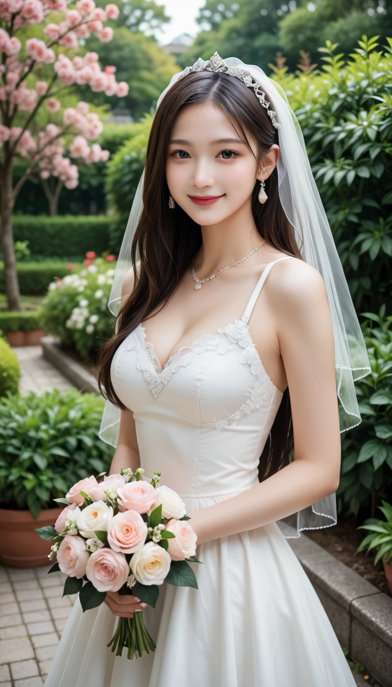 Turbulent posture, (very delicate and beautiful work), (masterpiece), 1girl, girl in wedding dress surrounded by blue roses, veiled, lace, sitting on a chair with cheek cane, high definition, ridiculous, charming expression, smile, beautiful clear eyes, green eyes, delicate necklace, delicate earrings, full body, vivid flower garden, simple background blur, ultra-fine description, beautiful, charming, Ultra-fine picture, delicate face, delicate figure, thin collarbone, lovely lips, beauty big, soft back, mix4, (8k, RAW photo, best quality), masterpiece: 1.2), (realistic, photorealistic: 1.37), one girl, cute, professional writing, photon mapping, radiosity, physically based rendering