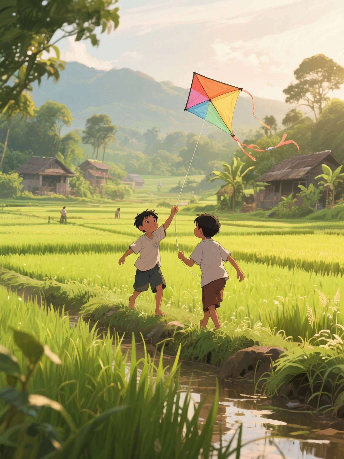 Sunset scene of children flying kites in the fields