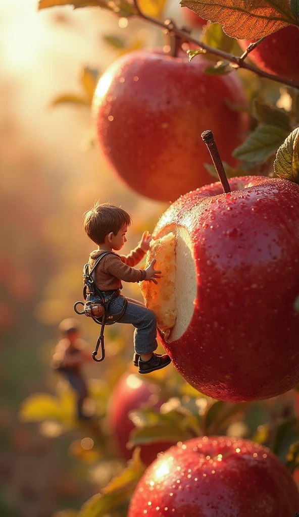 Illustrate a montage of the boy on an apple tree performing various activities such as swinging on branches, picking apples, and raising wreaths.