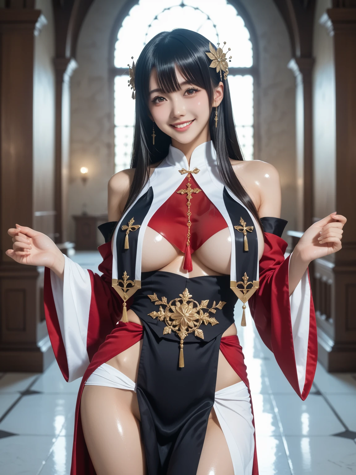 ((masterpiece、highest quality))、shape、Super detailed、8K、realistic、sharp focus、very detailed、professional lighting、colorful details、((unparalleled beauty))、fine texture、skin moisture、shiny skin、perfect style、erotic body、Esbian、bow、((precise fingers:1.55))、(Beautiful Chinese dress with transparent embroidery:1.5)、(Set in a huge and luxurious set)、(on the concert stage)、(dance violently:1.2)、spread your legs and show me your panties、in front of a packed audience、look at the audience、18-year-old、shine、intricate details、Shitsumeka、a woman is in front of the camera、belly button、smile