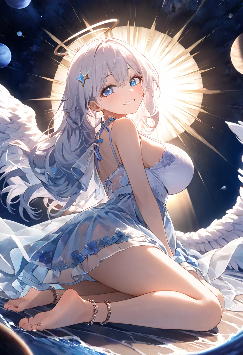 1woman,super beautiful,sitting,Angel's halo on her head,half body photo,Beautiful eyes,white wings, very detailed face,cute,Princess dress, very beautiful, stunning,HD face, perfect face, very big breasts,white hair,medium hair,bangs,blue eyes,ultra detail,ultra Hd, masterpiece,4k,full body photo