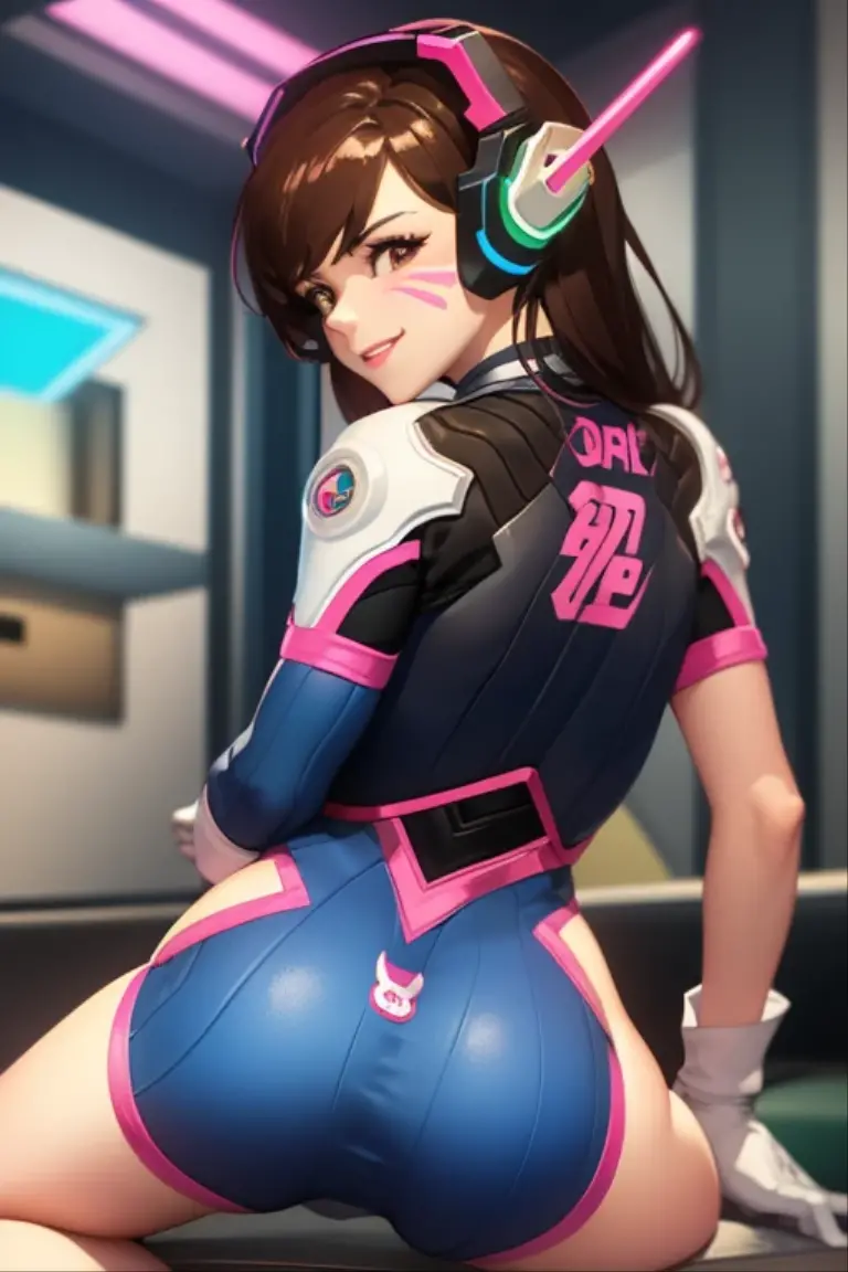 DVA from Overwatch without her mech, a woman with short brown hair in a ponytail,she stands in Busan Korea, high quality refelctions, volumetric lighting, she is wearing her classic thin tight figure hugging stretchy pink white and blue full bodysuit, soft simple plain sport bodysuit, the bodysuits is like a yoga outfit, she stands on the street, (1 girl solo), cinematic lighting, high resolution, physically-based rendering, 8k, volumetric lighting, hyperrealistic, detailed facial features, masterpiece, full upper body, city in background, cinematic,she has very small breasts, flat breasts , the focus is on her whole body and the environment, cinematic screenshot, you can see the whole environment and her standing on the street, the picture has a very soft look at soft textures, cute smile, her arms are on her side, DVA is posing and does a peace symbol with her fingers, woman body, no bra, 1 person, 1 head, Overwatch cinematic graphic style