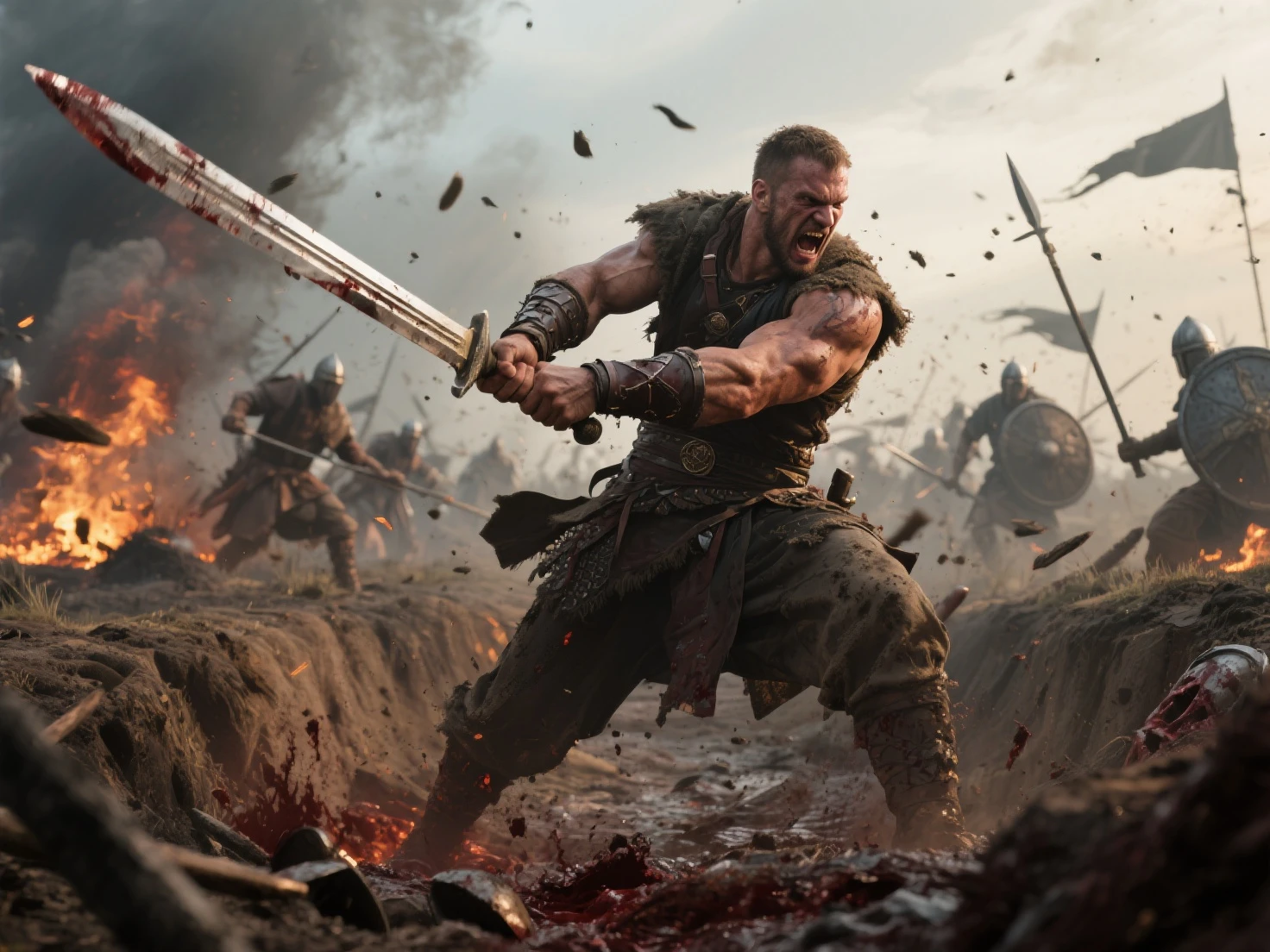 Photorealistic underexposed; a highly detailed viking champion rages on the battlefield, he wears chain mail and an ocular helmet. Wildly swinging a double sided battle axe, in dynamic motion. Battle cry. Natural textures, Chaotic battle scene, close quarters, trampled vegetation, mud, twilight, cinematic matte paint render. Ultra reflection 