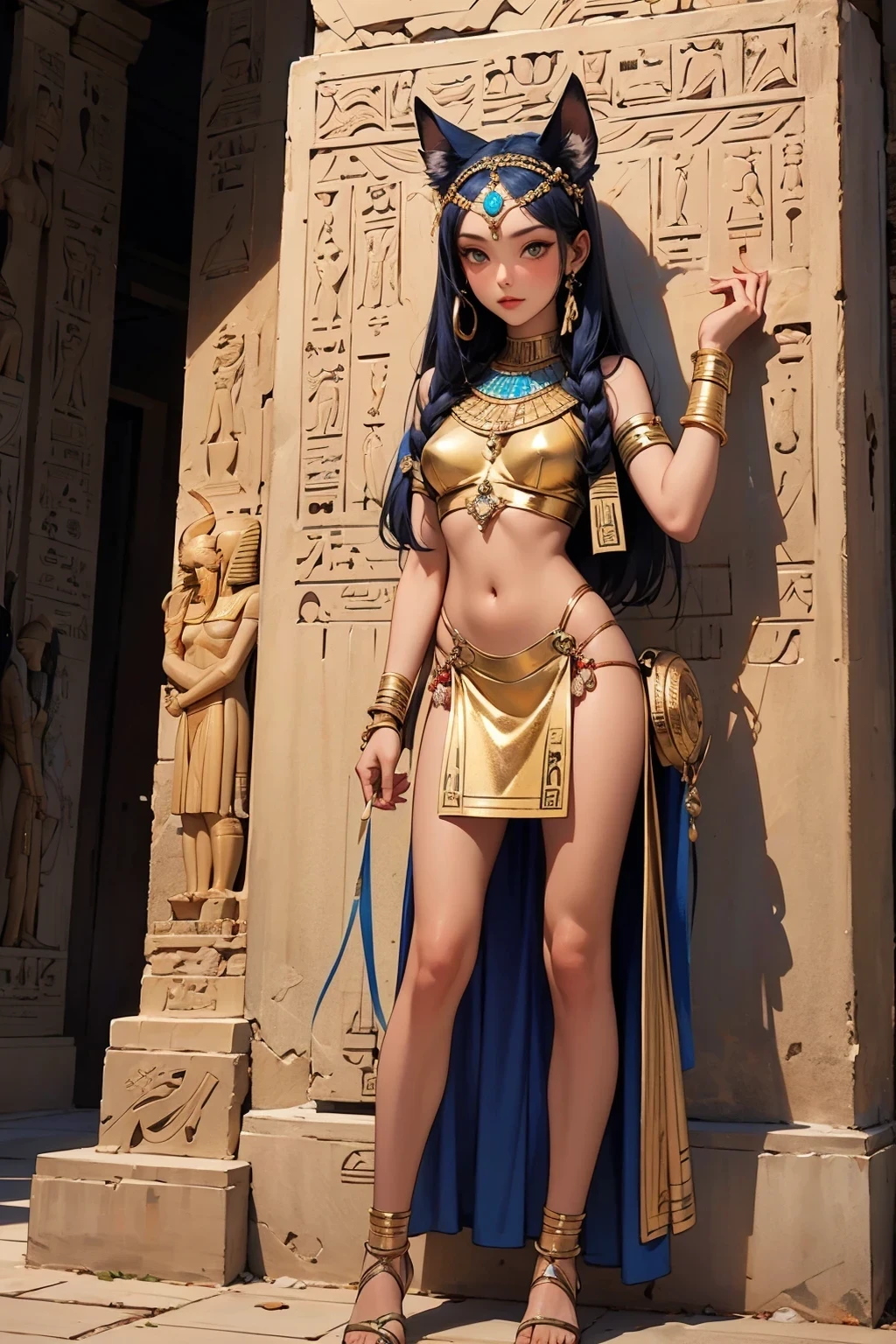((Frank Frazetta oil painting)),Queen Cleopatra, beautiful Egyptian woman, beautiful black eyes、Egyptian woman smiling, (Glossy Egyptian jewelry, perfect body:1.4,(Highest quality、8ก、32K、Masterpiece)、high definition, ((Bangs and ancient Egyptian hairstyles)), Black hair with thick bangs on the forehead., (cowboy shoot), depth of field, cinematic light effect、The body is muscular., Caramel skin glistening with oil and sweat., ((Egyptian Witch)), ((wearing insanely detailed blue and gold ancient Egyptian Witch outfit)), ((Elegant blue and gold Egyptian headdress.)), Inside the ancient Egyptian palace, no