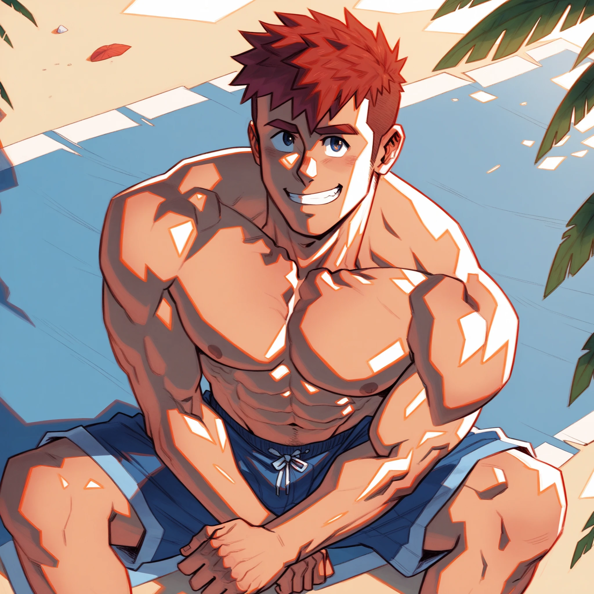 horikoshi kouhei, absurdres, Eijiro Kirishima, red hair, boku no hero academia, chama kou, highres, looking away, male focus, muscular, red eyes, short hair, spiked hair, 8k quality, beach, (Eijiro Kirishima, detailed eyes, detailed face, (((full body))), (((from side))), visible foot, barefoot, (((Extra large up penis semen dripping))), (((nude))), (((flexing))), (((standing on the ground))), red hair, red eyes, ((light smile)), looking at viewer, embarrassed, blush, showing off muscles, masterpiece, best quality, male focus, upper body, handsome, male, gay, smooth and sharp focus, Wet body.