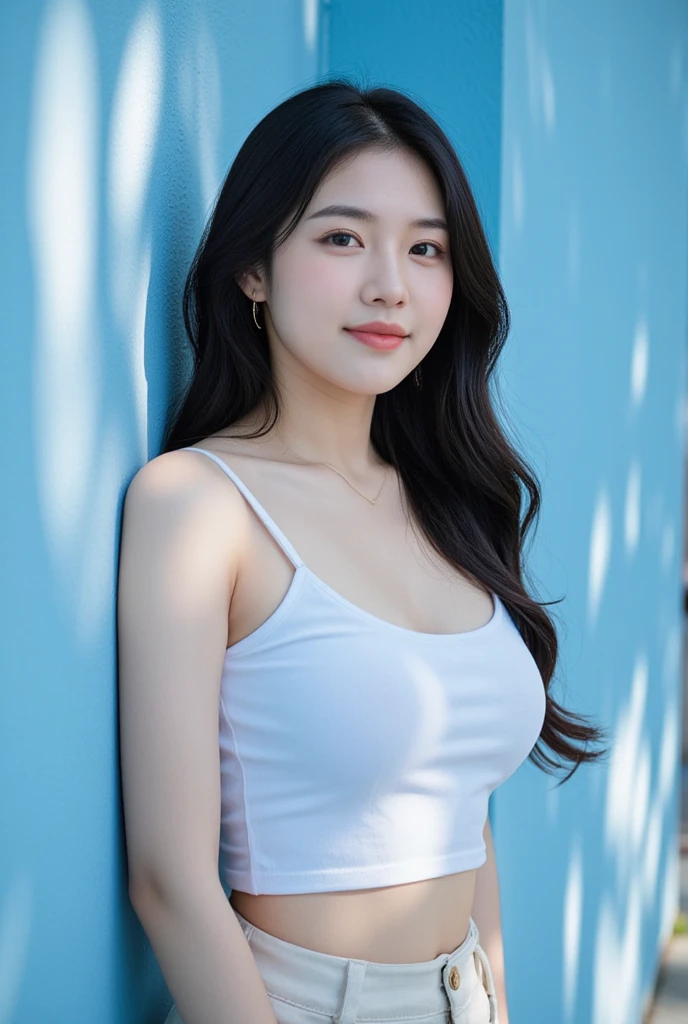 close-up of beautiful korean female, 34 inch breasts size, wearing tank top, sitting in front of the house, holding watermelon , bokeh background, UHD