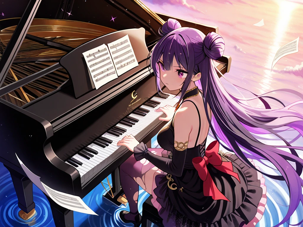 takamine takane,
playing grand piano,
gothic ta dress (black velvet, red bow),
torn silk stockings,
low-heel shoes,
messy purple bun,
concentrated expression,
floating piano on water,
sunset sky (purple/pink/gold),
cotton clouds,
paper birds,
crescent moon,
gold music notes,
water reflections,
stardust particles,
anime fantasy style,
makoto shinkai influence,
soft dramatic lighting,
8k, masterpiece, best quality