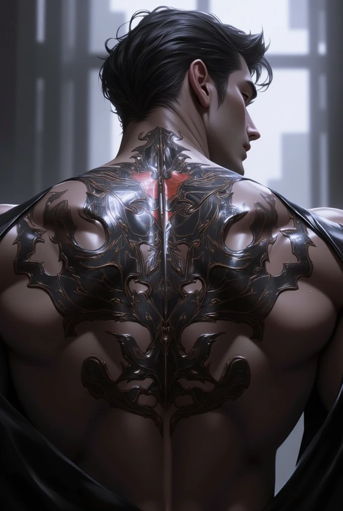 Tattoo on the back, strong muscles, room with red led