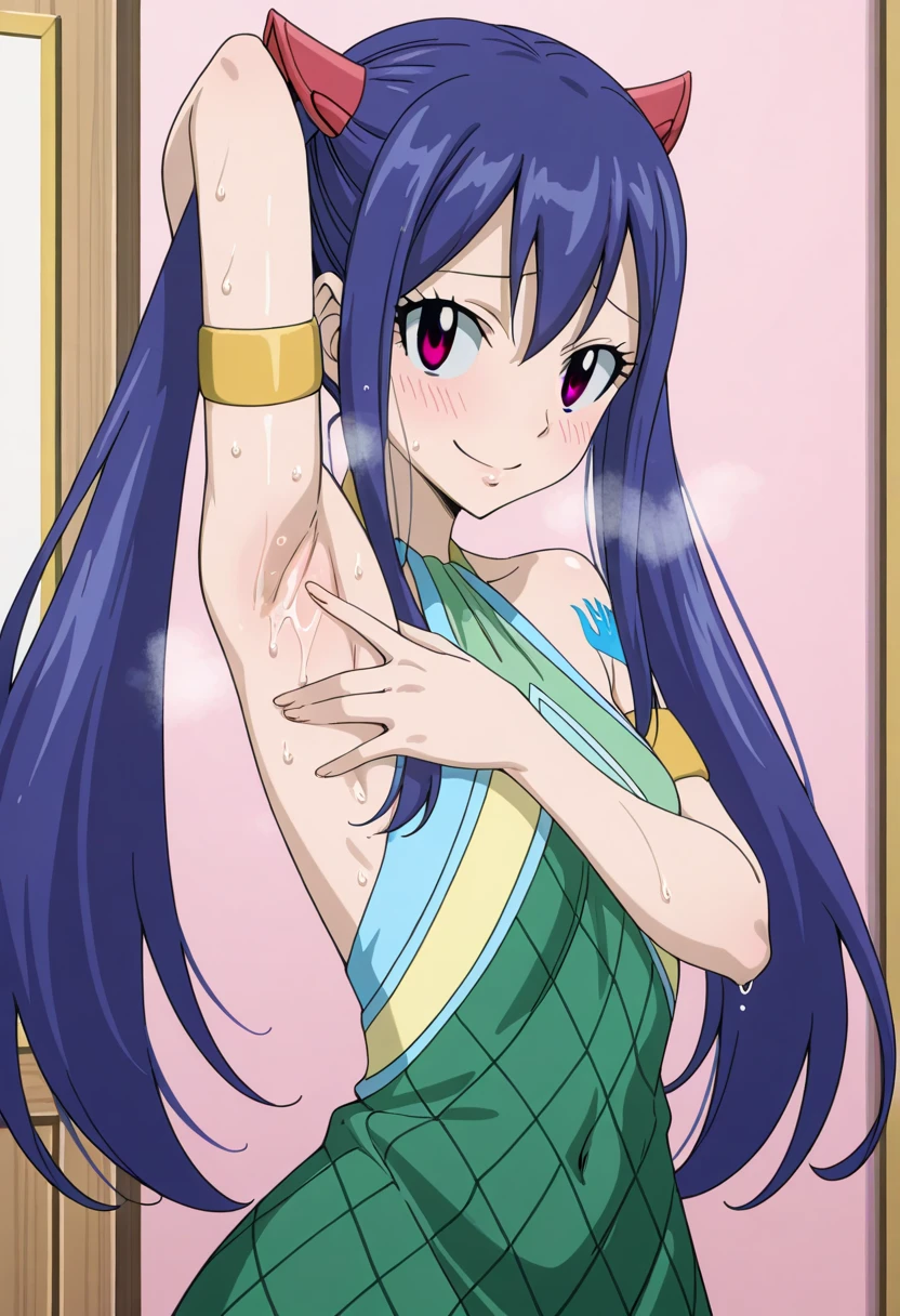 masterpiece, best quality, highres, aawendy, wendy marvell, long hair, bare shoulders, green dress, sleeveless dress, armlet, bracelet, looking at viewer, solo, contrapposto, armpit, arm up, presenting armpit, armpit focus, armpit fetish, spread armpit, arms behind head, upper body, embarrassed smile, blush