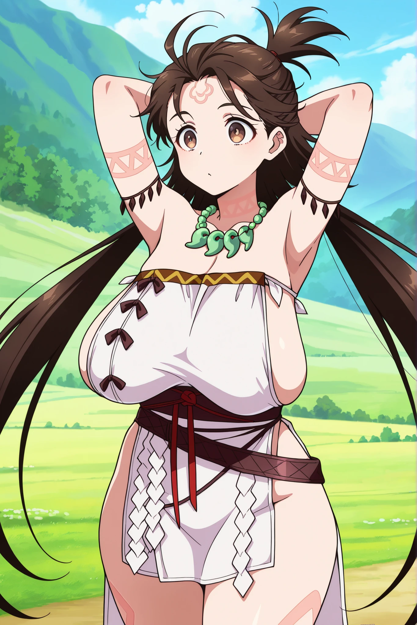 score_9,score_8_up,score_7_up,score_6_up,score_5_up,1girl, minamoto_no_raikou_\(fate\),skimpy native american outfit, breasts,puffy nipples,blushing,thighhighs, jungle, deep forest, makeup, smile, looking at viewer, hand on own chest, hair bow, hair ornament, bare shoulder, sleeveless, tribal clothes, tribal tattoo, tribal fang ornament, fundoshi, blushing, cleavage, dark-skinned female, dark skin, tan, chubby, plump, obese, big belly, sumiyao_(amam)