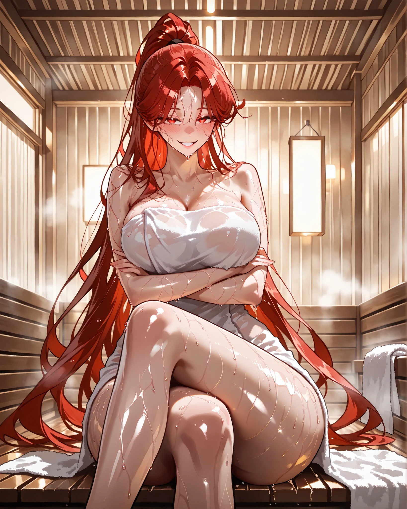 (SuperQuality:1.0) ~ (SuperQuality:1.2), detailxl, 1girl, High Resolution, Best Quality, High Details, Super Detailed, detailed background, indoors, sauna, eolka, red hair, long hair, red eyes, parted bangs, ponytail, manhwa, webtoon, medium breasts, wrapped around a towel, sweat, wet, Seductive Smile, sitting, crossed legs, looking at viewer,