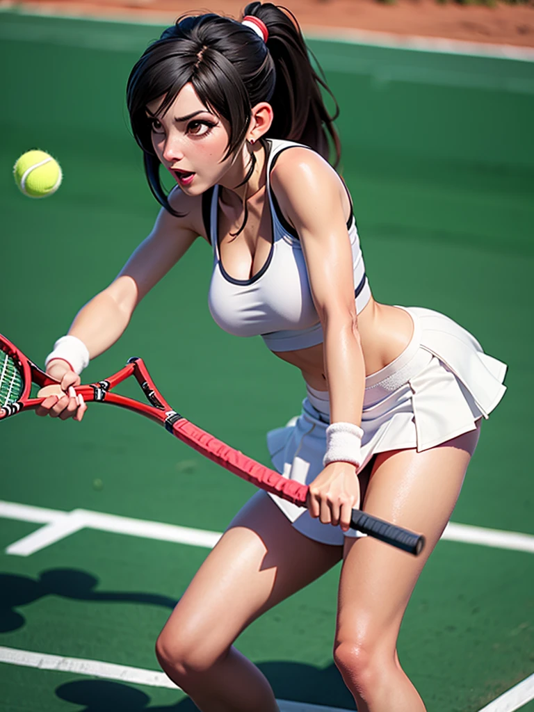 1girll，tennis player，s the perfect face，crisp breasts, Convex buttocks,Tattooed with，White sports short sleeves，Short white pleated skirt，White sport socks，White tennis shoes，Wet hair，High ponytail，body soaking wet，Swing the paddle，tennis court，Sunnyday，Clouds， Detailed background, Clothing details, perfectly proportioned, filmgrain, Fuji colors, lightand shade contrast, tmasterpiece, high detal, high qulity, A high resolution, Cinematic lighting, 8K, Textured skin, Super detail