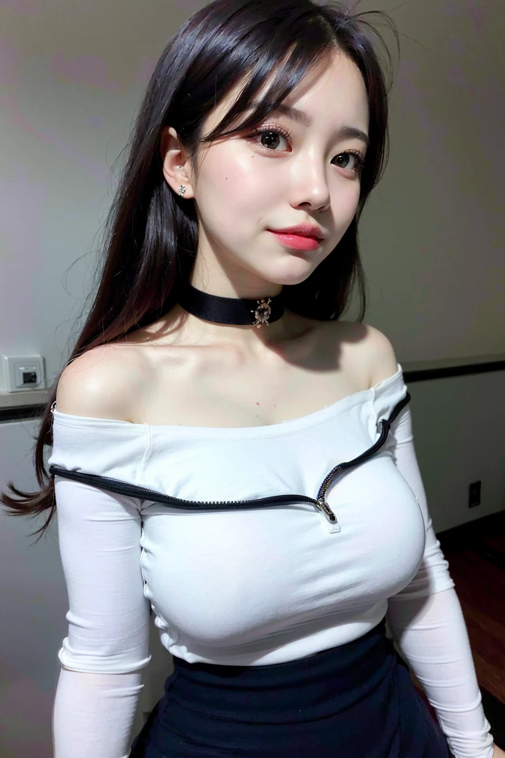 best quality, ultra high resolution, (realistic:1.4), 1 woman, Off shoulder white shirt, black tight skirt, black choker, (Faded ash grey hair:1), medium chest, looking at viewer, enlargement