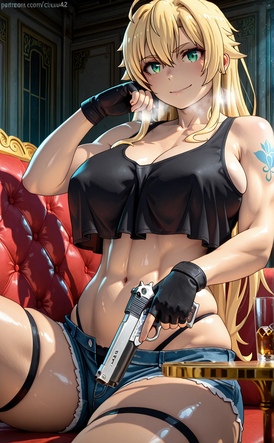 , Stopu42, (anime coloring, anime screencap), shiny skin, (ore no seishun love come wa machigatteiru-style:1.2), ((anatomical correct)), ((Cinematic, unreal engine, eye-catching, ambient occlusion, UHD, masterpiece)), ((soft shadow)), perfect body, perfect, perfect fingers, gasping, heavy breathing, gasping profusely, ((skindentation)), ((curvy)), hair flaps, hair between eyes, long hair, blonde hair, green eyes, plump, 1girl, weapon, gun, breasts, gloves, solo, holding_weapon, handgun, shorts, holding, denim_shorts, holding_gun, denim, underwear, navel, fingerless_gloves, panties, sitting, crop_top, looking_at_viewer, cleavage, smile, beretta_92, muscular_female, thighs, black_gloves, black_panties, alcohol, midriff, tank_top, short_shorts, cup, tattoo, ((overhang)), bare_shoulders