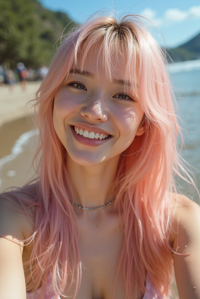 8K, (Surrealistic: 1.35), (realistic: 1.4), 1 Beautiful Japan Girls, smile, One, light makeup, masterpiece, excellent quality, high quality, (((pink hair)))、puberty, (((super micro ??????)))、 ((perfect body)), ((best image quality)), ((time)), ((very delicate and beautiful)), ((Very shallow depth of field)), nffsw, ((incredibly shallow depth of field. familiar with)), (((very delicate and beautiful))), (((Very shallow depth of field))), nffsw, (((incredibly absurd))), (((perfect body))), (((dyes hair blonde )))), (((long hair)))), (((Camera Eye))), (((small))), (((幸せな最高のsmile))), poor, Own + background, dynamic angle, female focus, {particles of light}, detailed background, ((paul hedley)), soft lighting, (dramatic) sunset), sunset, very beautiful sunset, live action, realistic, top angle, かわいいsmile, (background blur), 18-year-old, skinny, ((Wind)), ((movement ))), ((emotion)), ((colorful)), ((baby face)), ((beautiful teeth)), Withering, ocean background、