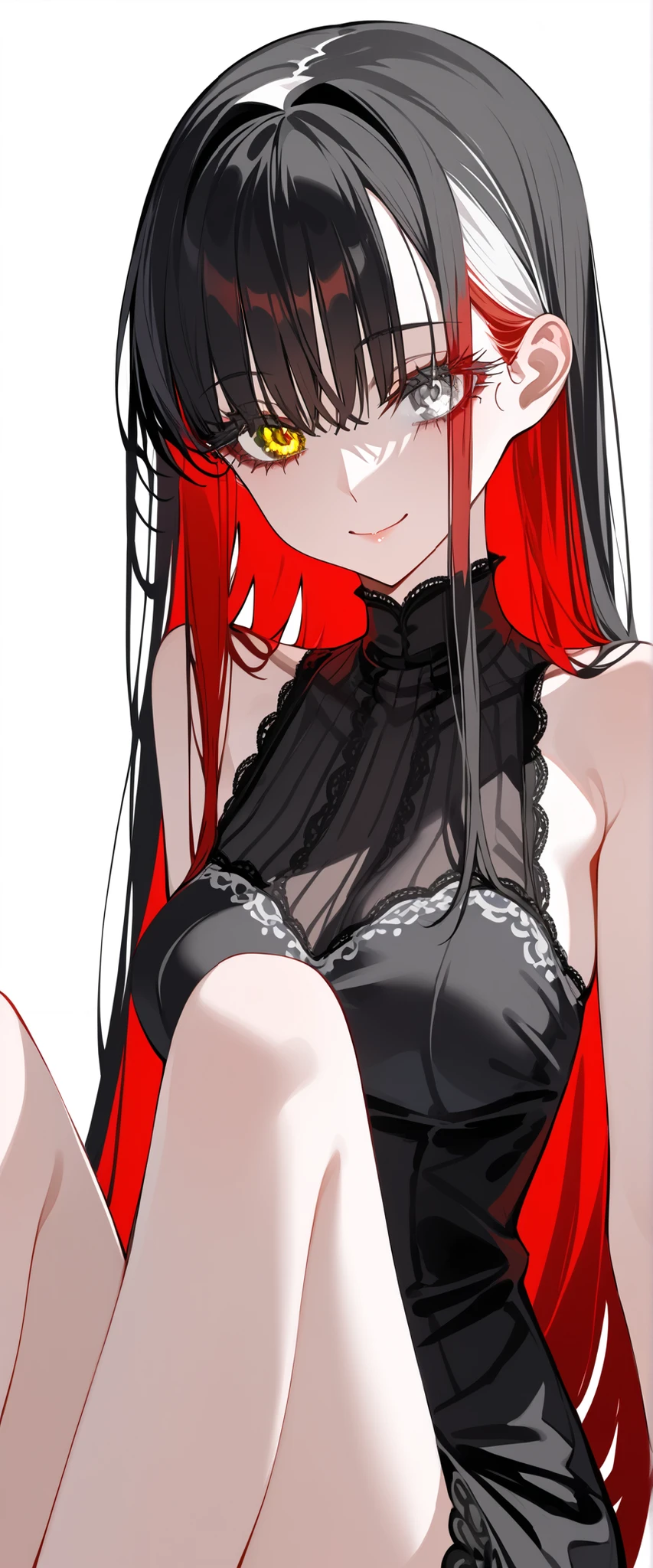 absurd, high resolution,  animal ears, black hair, red eyes,  blush, medium breasts, extra ears, panties with lace trim, lace trim,  long hair, mouse ears, catgirl,  multicolored hair, navel, no pants,  parted lips, peek at pubic hair, through clothes,  underwear,  white hair, spectator from behind, focus on ass