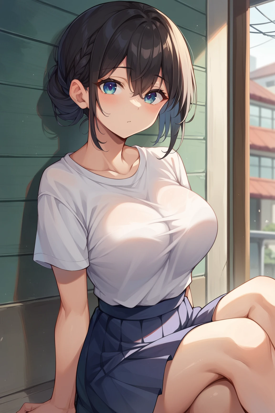 (((NSFW))), ((best quality)), ((masterpiece)), ((detailed)), (((perfect face))), (((slender 18yo teenage girl))), ((((medium breasts)))), ((((topless)))), ((((dark blue pleated skirt)))), ((dark brown hair)), ((short ponytail)), (((blue eyes))), ((shy:1.3)), ((blushing:1.5)), (((bare chest))), ((bare stomach)), ((bare shoulders)), (((bare arms))), ((((trees, path, brick wall, windows)))), (((walking))), (((shy arms))), (((looking at viewer))), (((open front door))), ((((detailed background))))