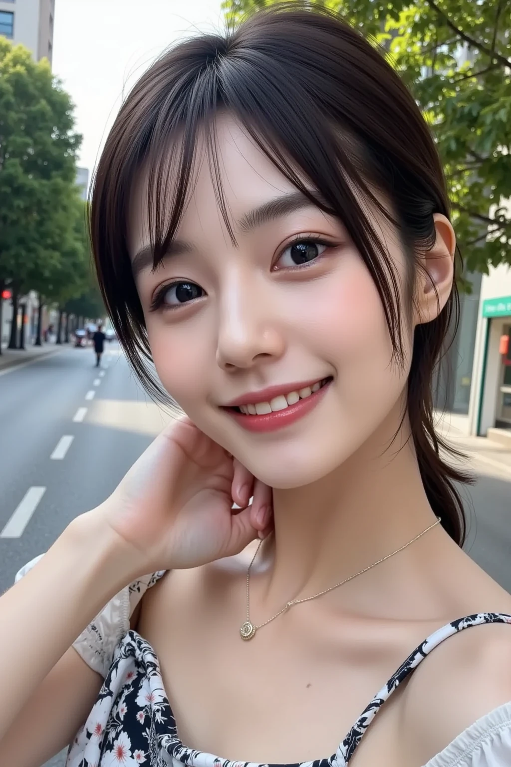 ((Best Quality, 8K, Masterpiece: 1.3)), 1girl, Slim Abs Beauty: 1.3, (Hairstyle Casual, :1.2), Sexy dress, super fine face, Delicate eyes, Double eyelids, smile. Take pictures in cute pose, very low figure, small waist, big breasts, close-up, zoomed close-up chest, beautiful background