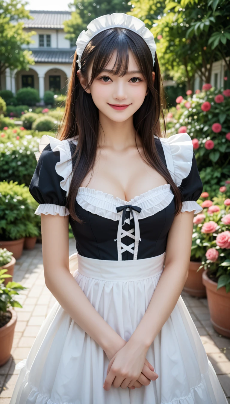 (highest quality、masterpiece、ultra high resolution、the most complex and detailed depiction、Award history、8K)、(1. Beautiful Maid)、(Gorgeous Victorian black and white maid dress、Black and white maid dresses、Frilled maid outfit with large apron)、(The background is a castle and a flower garden:1.1)、(The most magnificent exteriors of medieval European castles:1.2)、(Detailed and intricate castle exterior:1.1)、(Huge and majestic castle exterior:1.2)、beautiful flower garden、Colorful and bright flower fields、walk in a flower garden、Walking surrounded by flowers、Very complex and detailed background、highly complex and detailed textures、Very intricate and detailed hairstyle、accurate anatomy、emphasize body line、big and full breasts、Beautiful cleavage with a nice shape、smile looking at me、ultra high resolutionの顔、ultra high definition hair、Ultra high definition glossy skin、(ultra high resolutionの完璧な歯:1.1)、Ultra high definition eyes、(Beautiful skin that shines very brightly:1.1)、(very bright and vivid:1.1)、blurred background
