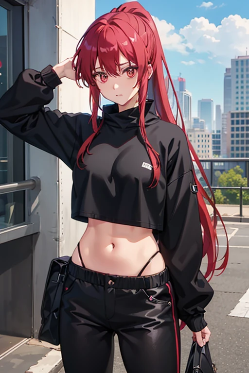 1 Girl, eyes closed, nose, elf ear, eyebrow, smiling, teeth, big red hair, black hair ends, bangs, hair between eyes, lora:add_detail, short sweatshirt on belly, short skirt, slim waist, belly , big chest, thick legs, big thigh, standing