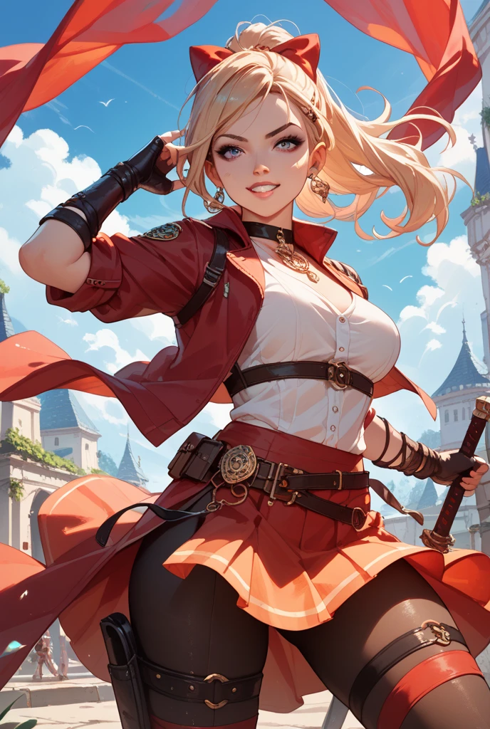 (masterpiece, best quality, ultra detailed, beautiful illustration), atmospheric perspective, depth of field, looking at viewer, beautiful detailed eyes, anime eyes:1.4, (cowboy shot), sexy pose, dynamic angle, (outdoors, medieval castle, blue sky, clouds), 1girl, smile, (largebreasts), ArcherFFT, long hair, (low-tied long hair:1.4), brown eyes, blonde hair, dress, sleeveless, (asymmetrical armor), gloves, thighhighs, (standing on castle ramparts, overlooking medieval town, leaning against the ramparts), <lora:FinalFantasy_FemaleArcher:0.9>