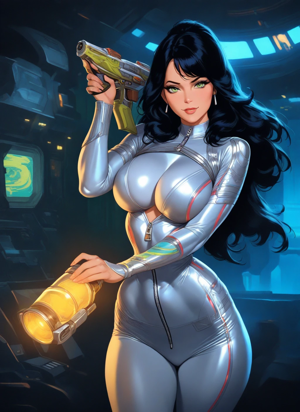 (High Definition) defined face, hologram of a beautiful woman, big bust, crossing arms, long dark hair and blue eyes, pale red lips, wearing sexy tight white military officer outfit with miniskirt, standing in the middle of a dark, metallic room, what is a war spaceship.